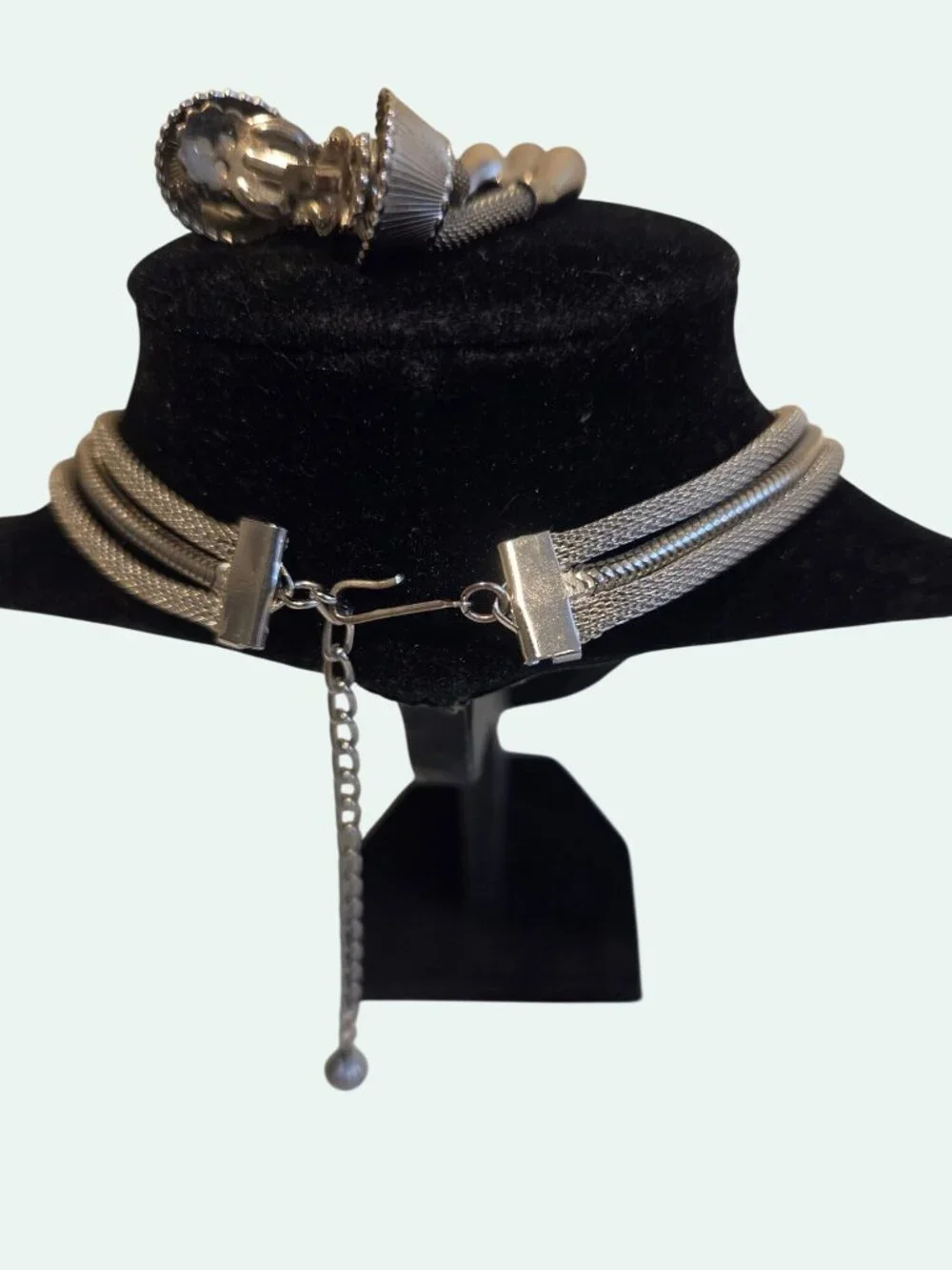 Vintage Multi-Strand Lariat Silver Necklace & Clip-On Earrings Set With Tassels